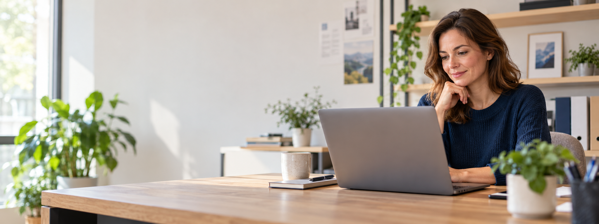 Une professionnelle consulte le site ETHIA depuis un bureau lumineux.